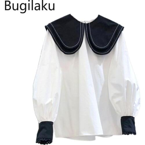 Bugilaku New Arrival Blouse Women Turn Down Collar Long Sleeve Contrast Color Loose Shirts Single Breasted Autumn New Casual Top