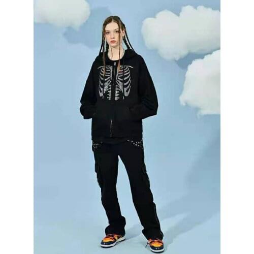 Y2K Womens Casual Zip Up Hoodie Long Sleeve Skull Sweatshirt with Pockets For Sport Street Strolling Work School