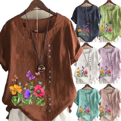 Womens New Fashion Summer Flowers Printed Round Neck Short Sleeve T-shirt Casual Loose Solid Color Blouse Tops Plus Size