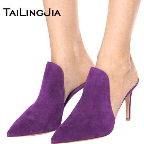Women Pointed Toe Mules Pumps High Heels Suede Stiletto Heel Fashion Large Size Slip on Party Dress Shoes 2019 New Arrival Pump
