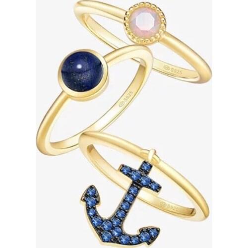 SLJELY Fashion Real 925 Sterling Silver Navy Blue Anchor 3 In 1 Ring Women Luxury Brand Summer Ocean Beach Holiday Jewelry Gift