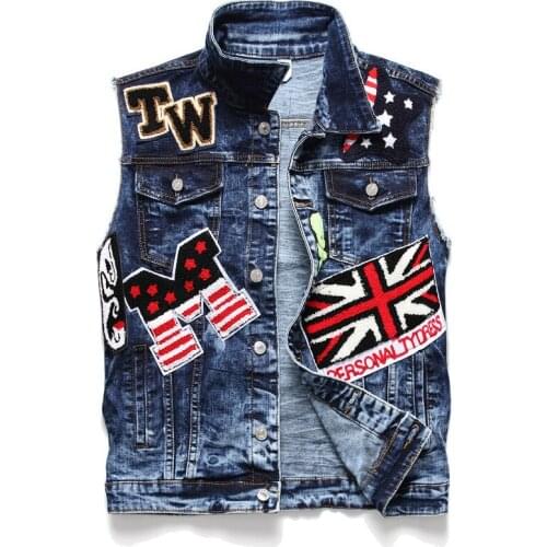 New Mens male Amerian English flage badge denim vest Streetwear snow washed embroidery jean waistcoat Tank top
