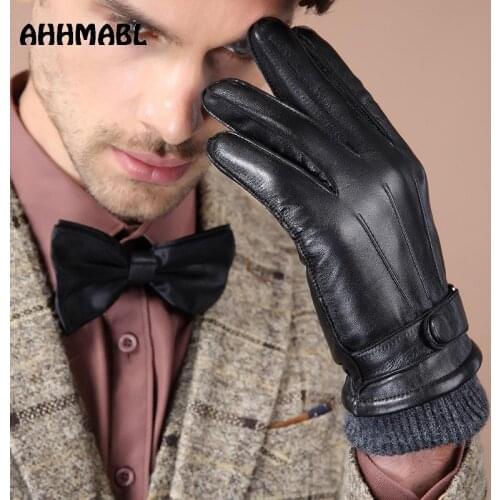 Winter Men Genuine Leather Gloves Touch Screen High Quality Solid Black Real Sheepskin Driving Glove Button Fashion G584