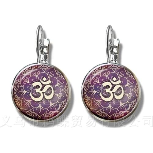 1pc OM Yoga Jewelry Earrings OM Symbol Buddhism Zen Unique Mandala Flower 16mm Glass Dome Henna Silver Plated Stud Earrings