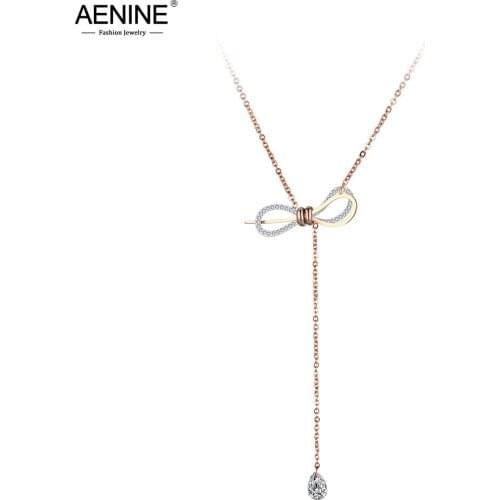 AENINE Fashion AAA CZ Crystal Three-dimensional Bowknot Necklace Stainless Steel Wedding Neckalce Jewelry For Women AN19037