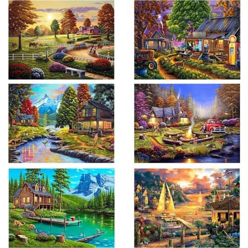 Diy 5d Full Diamond Painting Scenery Embroidery Square Round Drill Sunset Village Lakeside Mosaic Furniture Cross Stitch Hobby