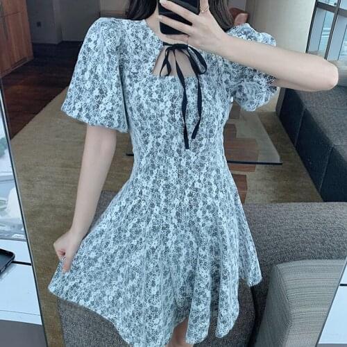 Hollow Out Floral Dress Long sleeve Vintage Dress Women Chiffon Printed High waist Square Collar Bow Mini Dress Party 137D