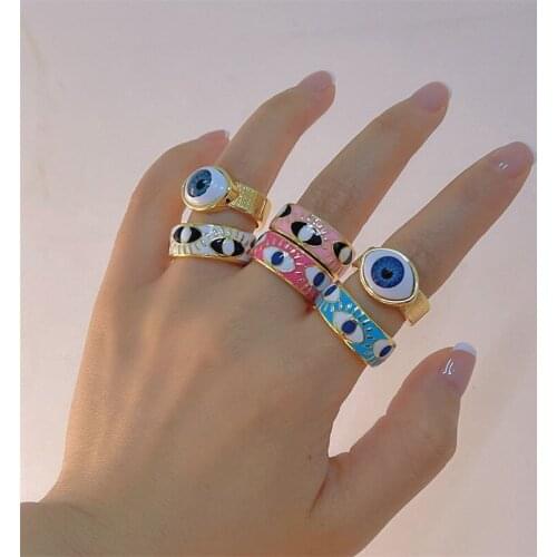 White Pink Blue Enamel Engrave Cute Lovely Turkish Evil Eye Rings Wide Gold Color Eternity Band Rings For Women Drop Shipping