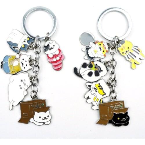 Neko Atsume Cute Keychains Keyring 5 In 1 Alloy Metal Pendant Key Ring Anime Cartoon Animal Keychain Accessories Gift
