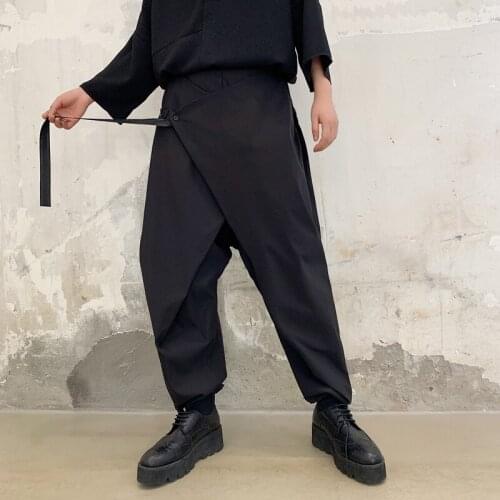 2021 New Men Ribbon Splice Loose Casual Black Cross Trousers Male Japan Streetwear Hip Hop Punk Gothic Harem Pants