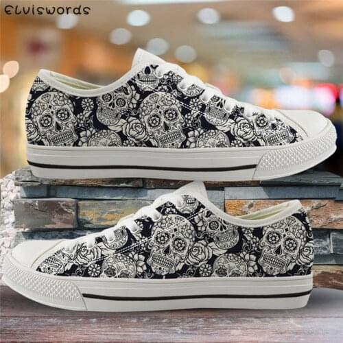 ELVISWORDS Casual Women Vulcanized Shoes Sugar Skull Print Low Top Flat Shoes Canvas Ladies Autumn Winter Walking Shoes Lace Up