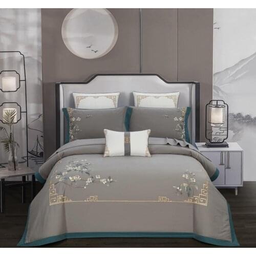 Chinoiserie Vintage Chic Embroidery Duvet Cover Grey Long Staple Cotton 4Pcs Bedding set Queen King size Bed Sheet Quilt Cover