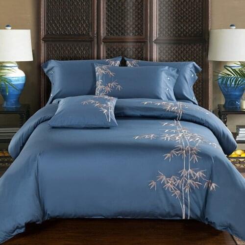 Blue Luxury Tribute Silk Cotton Embroidery Luxury Bedding set Noble Palace Royal Bed set King Queen Duvet cover Bed sheet set