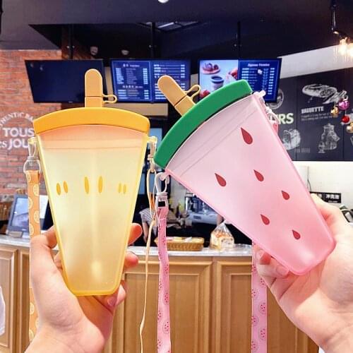 Summer Popsicle Water Bottle With Straw Cup Rope Cute Ice Cream Plastic Water Bottle Portable Kids Kettle Girls Water Bottles