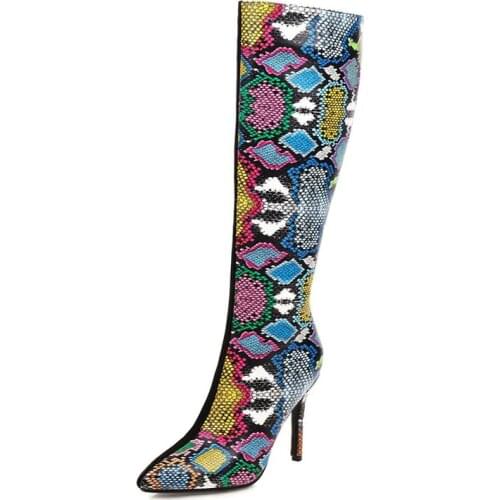 Fashion Pointed Toe Knee High Boots Women Sexy High Heels Women High Boots Snake Print Autumn Winter Womens Shoes Big Size 46