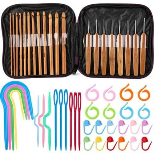 KAOBUY 74PCS Bamboo Crochet Hooks Knitting Needles Set Plastic Locking Stitch Maker Weave Craft Tools With Crochet Accessories