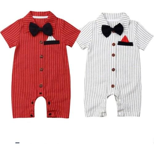 Newborn Baby Boys Gentleman Clothes Stripe Romper Formal Baby Boy Bow Tie Jumpsuits Summer Fashion Baby Boy Romper 0-18M