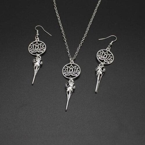 Bird Skull Earring Necklace, Gothic Long Pendant Earrings, Crow Pendant Jewelry, Pentagram Mandala Flower Drop Earring Necklace