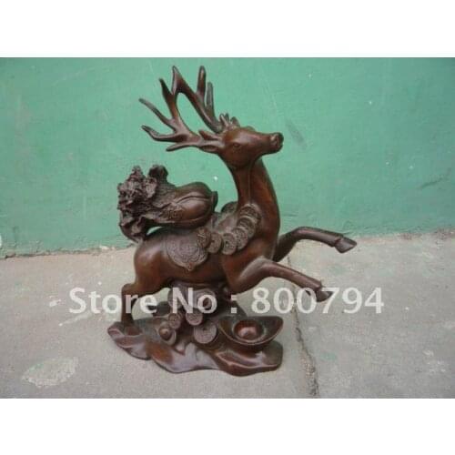 Rare Distinctive Qing Dynasty copper Statue "Good fortune"deer ,Free shipping
