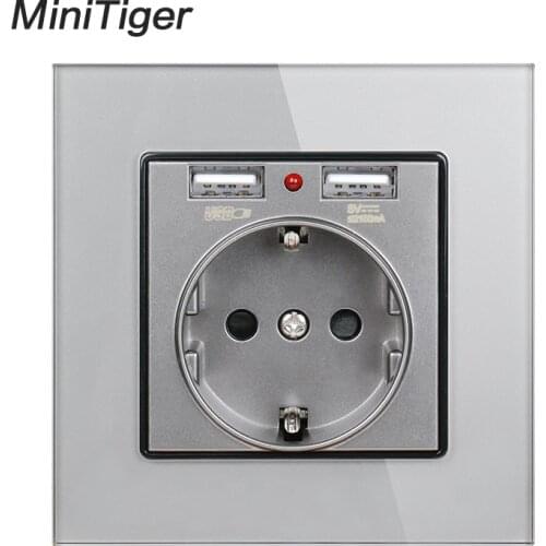 Minitiger Crystal Glass Panel Dual USB Charging Port 2.1A 16A Russia Spain Wall Socket EU Power Outlet White/Black/Gold/Grey