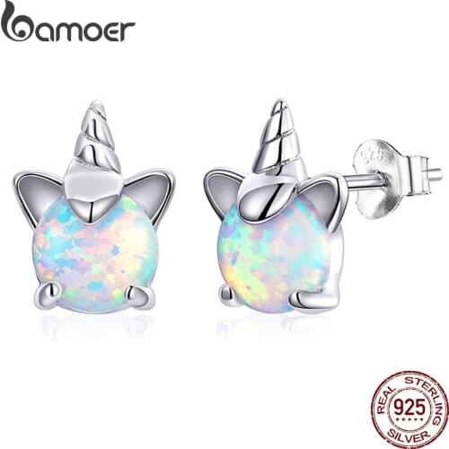 Bamoer Genuine 925 Sterling Silver White Opal Licorne Animal Stud Earrings for Women Hypoallergenic Earings for Kids SCE737