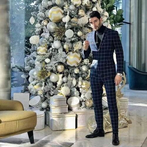 Blue Checked Slim Fit Mens Tuxedos Two Pieces Checkerboard Wedding Suits Popular Man Blazer and Pants