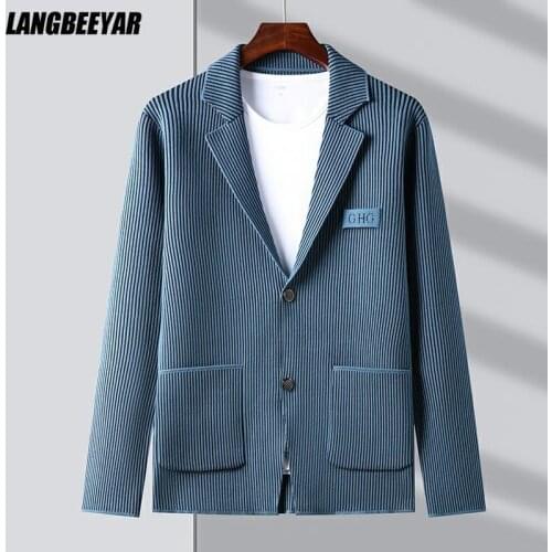 Top Grade New Brand Casual Fashion Slim Fit Striped Blazer Jacket Smart Elegant Stylish Knitted Suit Men Coat Mens Clothes 2021