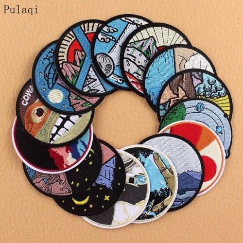 Pulaqi Adventure Series Iron Patches For Clothing Round Embroidered Patch For Clothes Traveler Mountain Wild Patch For T-shirt