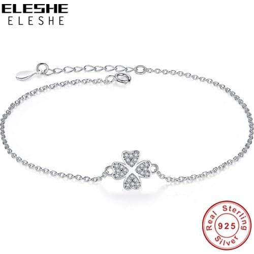 Authentic 925 Sterling Silver Chain Bracelet Lucky Clover Heart Circle Round Crystal Bracelet for Women Wedding Jewelry Gift