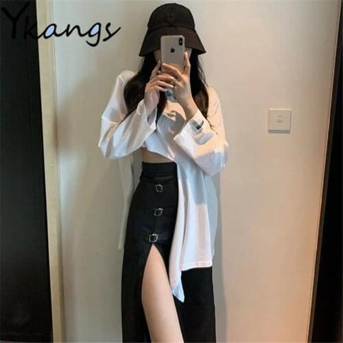 Dark Style Gothic Black Sexy Split Midi Skirt+Irregular Long Sleeve White Dew Waist Tops Summer Two Piece Set Women Streetwear