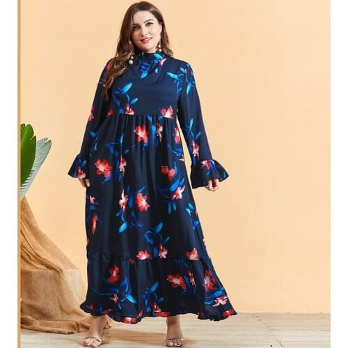 DOIB Women Blue Navy Blue Print Muslim Abya Dress Butterfly Flare Sleeve Long Dress 2020 Autumn Plus Size Maxi Dress