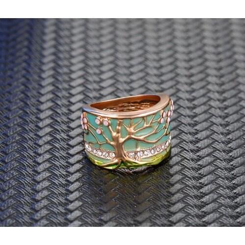 Hot Lucky Flower Tree Rings Fashion Gold Pink Opal Green Enamel Wide Ring for Woman Party Crystal Vintage Jewelry 2020 New