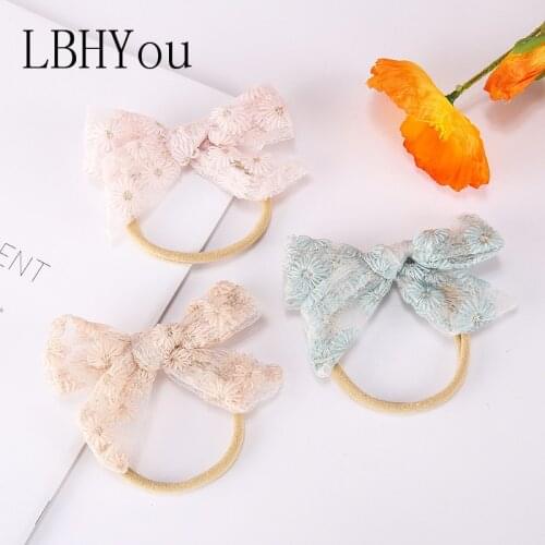 10pcs Girls Knot Bows Elastic Nylon Headbands Cute Embroidery Lace Skinny Turban Hairbands Baby Turban Head Wear