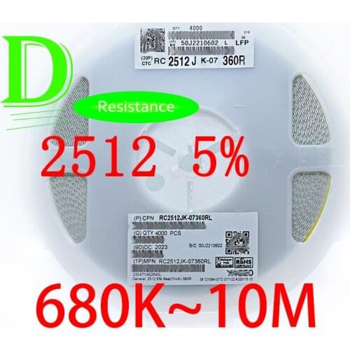 50PCS SMD Resistor 2512 5% RC2512JK-07 Series 680K 750K 820K 910K 1M 1.2M 1.5M 1.8M 2M 2.2M 2.7M 3M 3.3M 4.7M 6.8M 10M