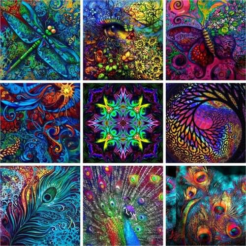 Huacan 5d DIY Diamond Painting Mosaic Peacock Feather Diamond Embroidery Full Square Dragonfly Plumage Mandala Needlework