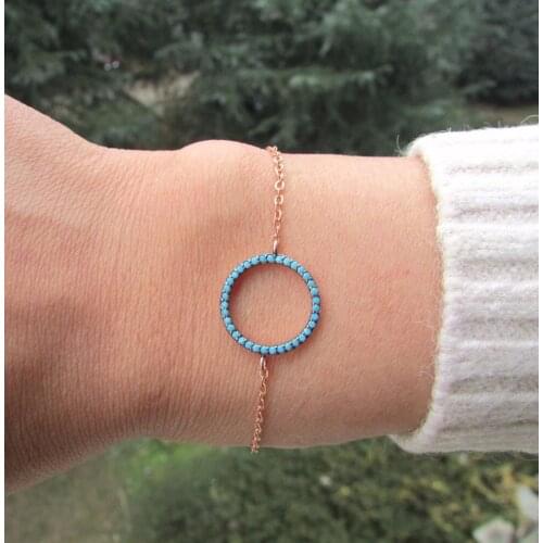 925 sterling silver round rose gold color bracelet micro pave turquoises round circle charm lovely simple girl gift jewelry