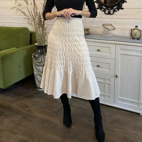 Colorfaith New 2021 Autumn Winter Women Skirts Knitted Fashionable Flare Vintage High Waist Elegant Ruched Long Skirts SK1534JX