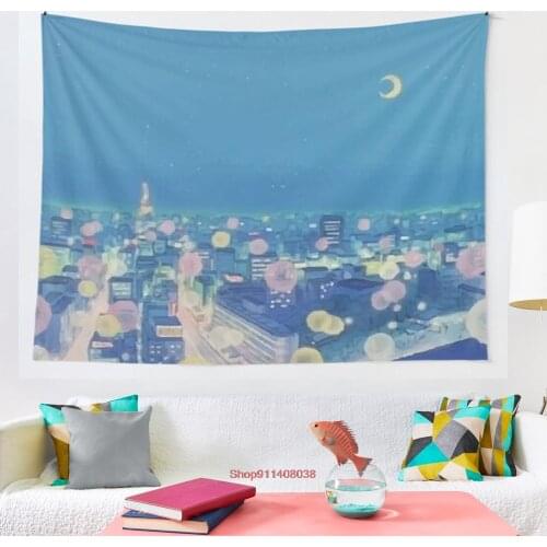Sailor Moon Background City at Night Aesthetic tapestry Wall Hanging Tapestries for Living Room Bedroom Home Decor