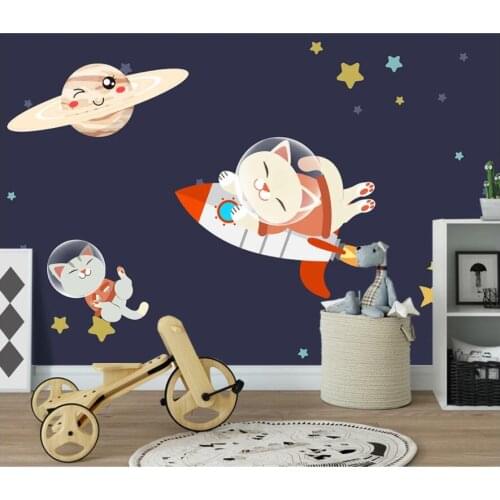 Custom photo 3d wallpaper Modern cartoon kitten rocket starry sky children home decor 3d wall murals wallpaper for walls 3 d