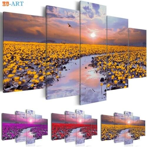 Lotus Flowers Prints Natural Landscape Poster Canvas Painting 5 Pieces Modern Wall Art Wall Pictures for Living Room Decoration