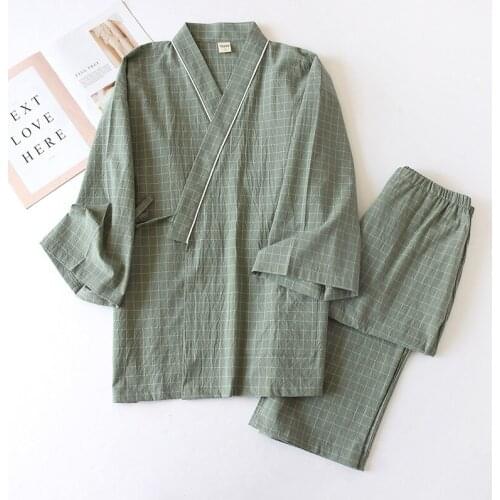 Japanese-style kimono, cotton gauze, spring and autumn mens plaid nightgown two-piece home service yukata lace-up pajama set