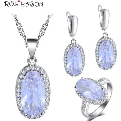 ROLILASON White Zircon Designed for Women Earrings Necklace Ring Jewelry Set Fashion Anniversary Gift JS816