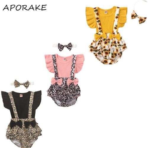 2021 0-24M Baby Girl Clothing Set Solid Color Fly Sleeve Top+Leopard/Sunflower Print Bows Straps Layered Tutu Shorts Summer 3pcs