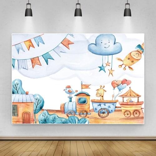 Laeacco Drawing Pattern Watercolor Animals Rural Grass Train Party Decor Pattern Photo Background Photo Backdrop Photo Studio