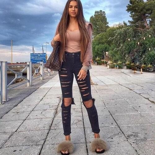 Summer Ladies Fluffy Fox Fur Slippers Womens Fashion Cute Furry Sandals Indoor Home Plush Colorful Shoes Outdoor Flat Slides