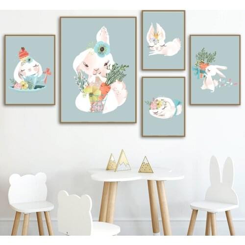 Cute Cartoon Rabbit Flower Leaf Nursery Wall Art Canvas Painting Nordic Posters And Prints Wall Pictures Baby Girl Room Decor