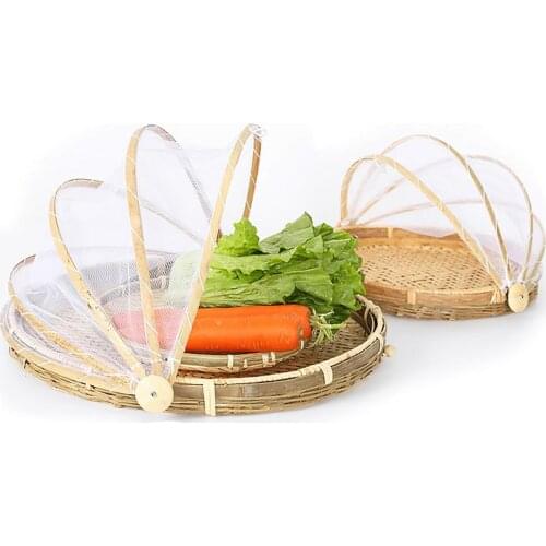 Multi-use Bamboo Hand-woven Food Serving Basket Tray with Net Cover Fruit Vegetable Bread Storage Container Round Drying Basket