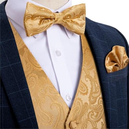 Mens Gold Paisley Fashion Wedding Men Silk Waistcoat Vest Bowties Hanky Cufflinks Cravat Set for Suit Tuxedo DiBanGu MJ-112
