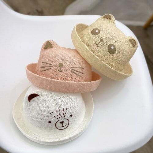 Summer Cartoon Cat Straw Hat Spring 6-12 Months 2 Years Old Childrens Bucket Hat Girls Boys Cute Bear Ear Hat Baby Accessories