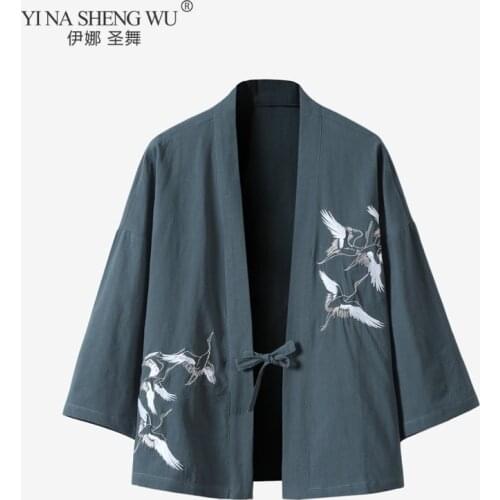 Japanese New Style Casual Kimono Robes Traditional Crane Print Cardigan Asian Clothes Samurai Yukata Men Hip Hop Streetwear
